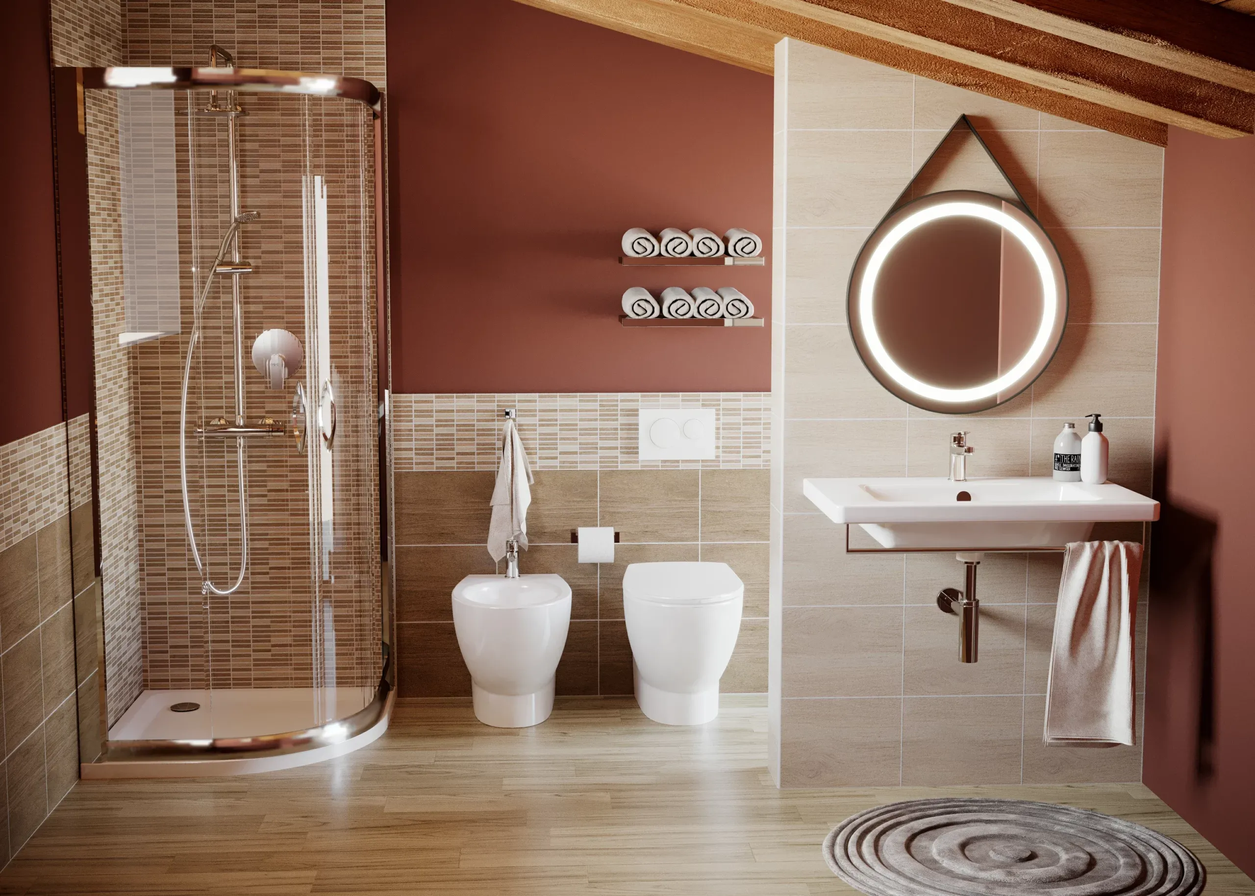 Ambientazione moderna effetto legno per bagno