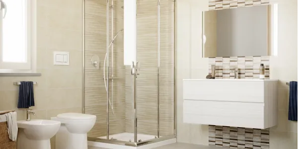 Ambientazione moderna color sabbia per bagno