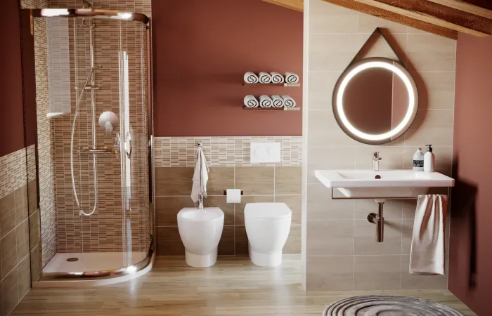 Ambientazione moderna effetto legno per bagno