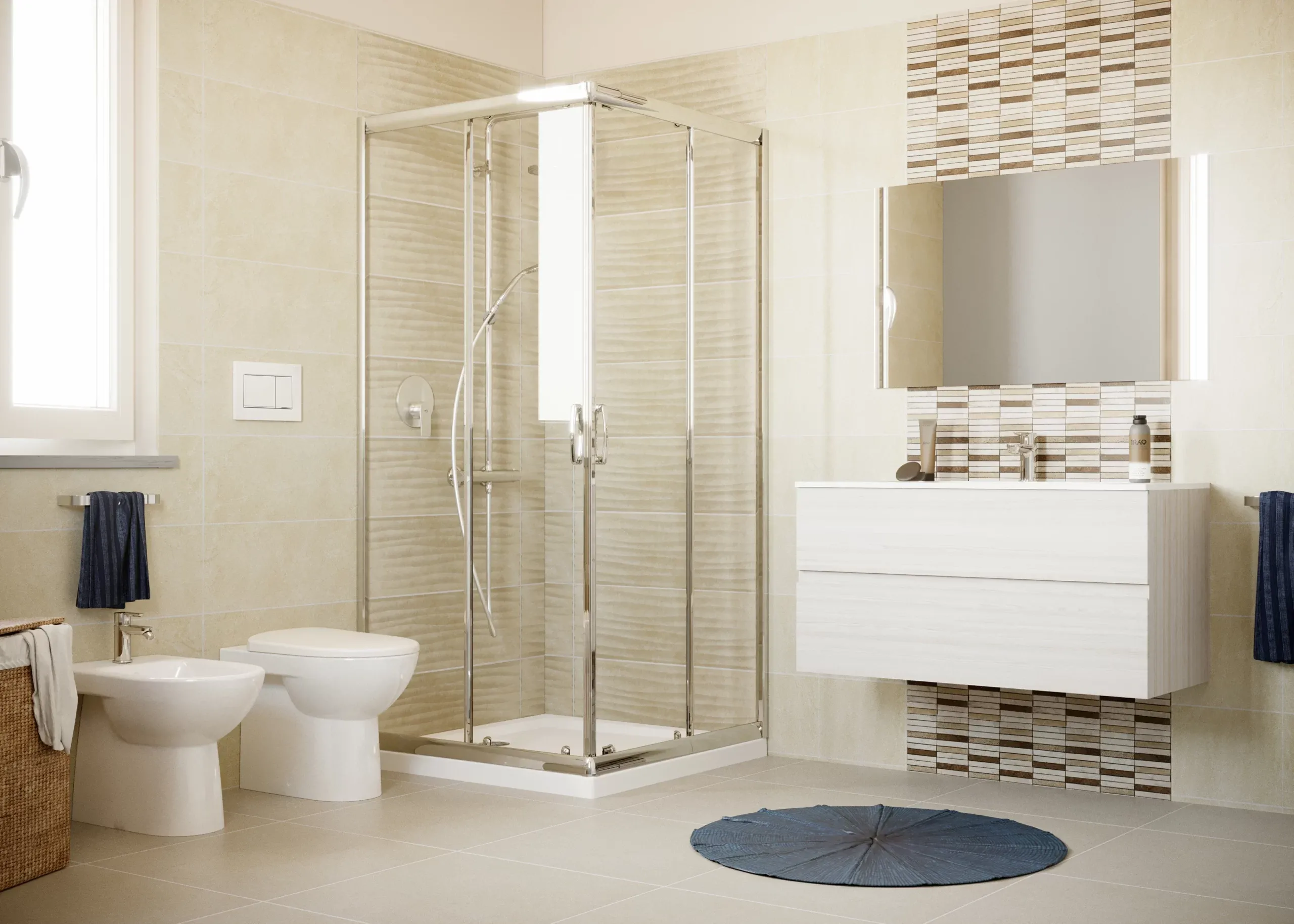Ambientazione moderna color sabbia per bagno