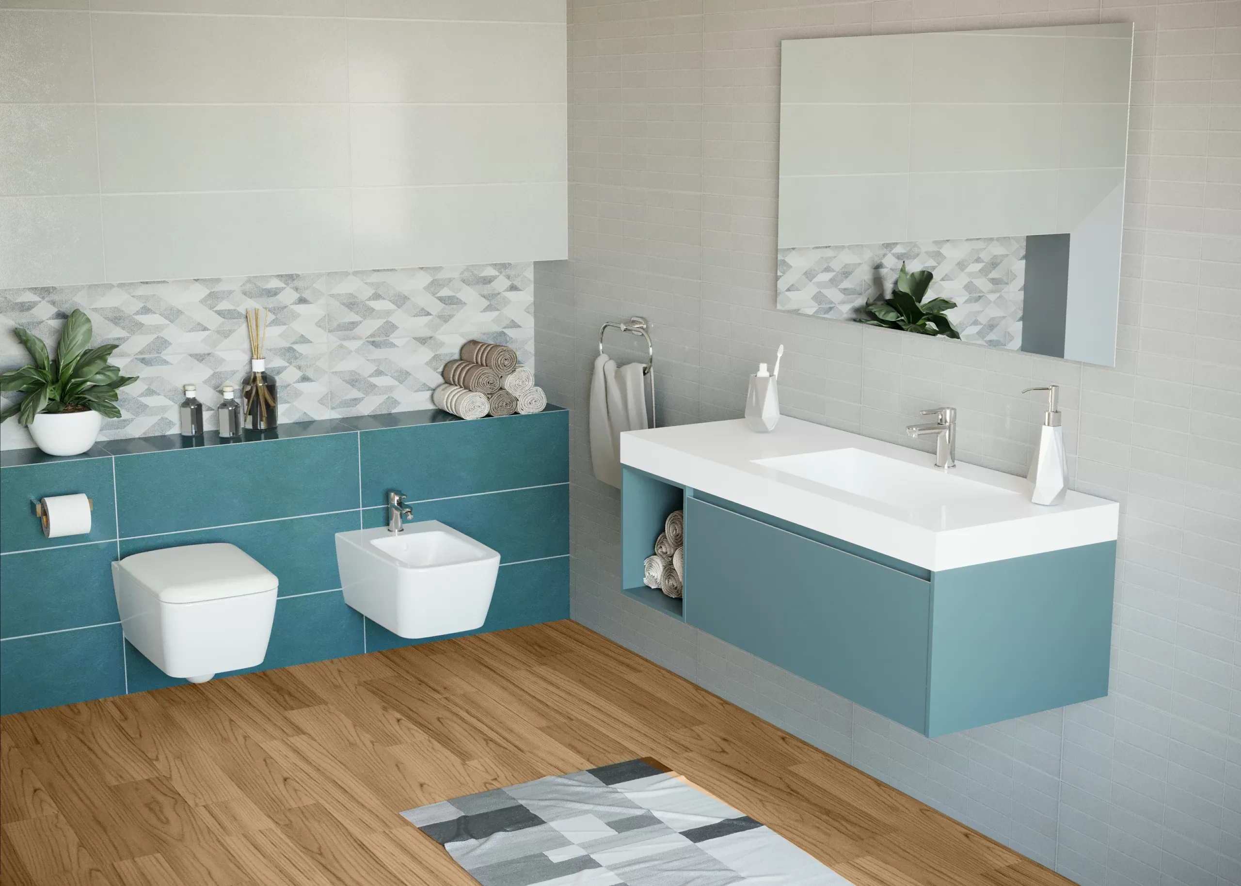 Ambientazione moderna color azzurro per bagno
